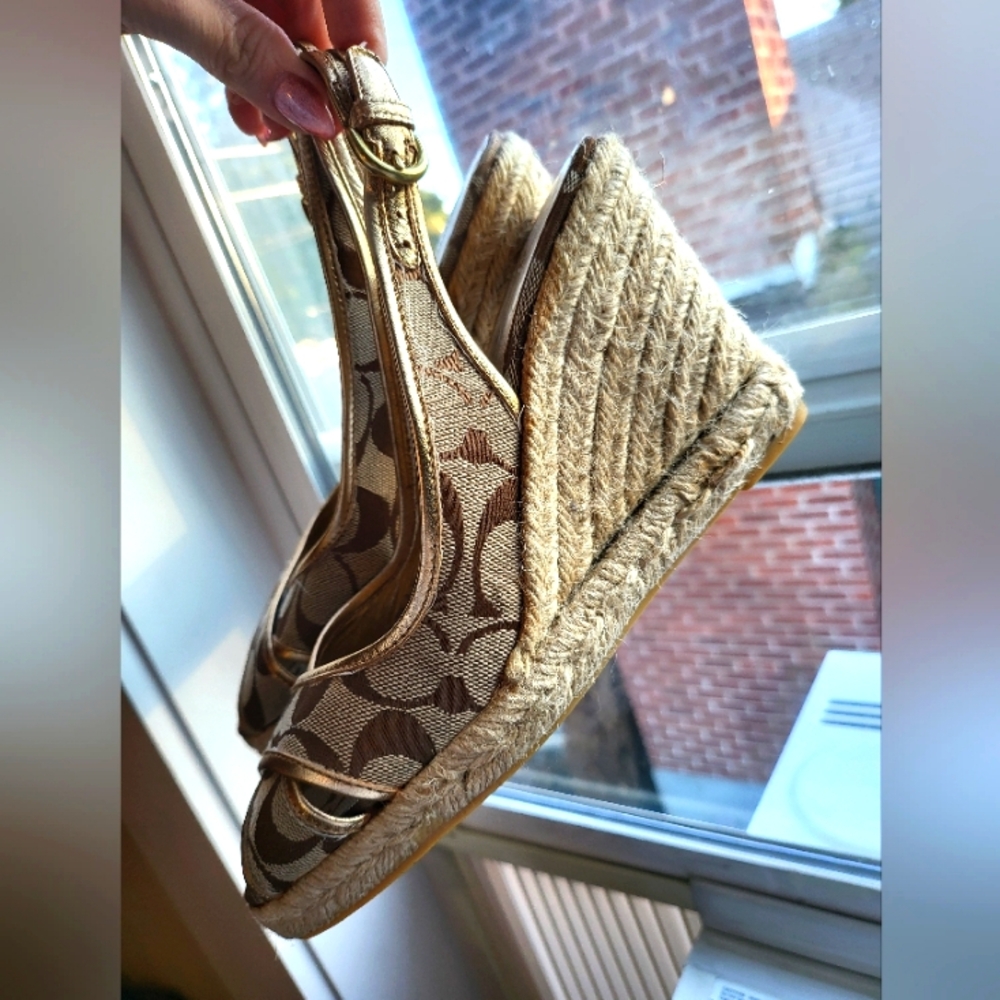 COACH Kara Brown Peep Toe Logo Espadrille Wedge Heel Sling Back Sandals
